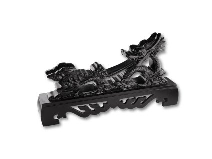 Sběratelský dřevěný stojan ve tvaru draka s černým lesklým lakem.