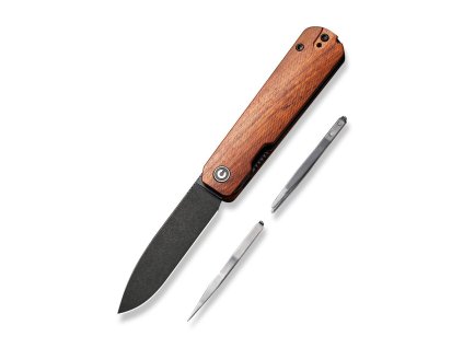 Praktický zavírací EDC nůž s pinzetou a párátkem CIVIVI Sendy Cuibourtia z oceli Nitro-V, rukojeť ze dřeva Bubinga, nylonové pouzdro