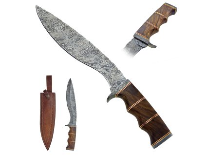 Damaškový lovecký nůž "HEAVY CALIBRE" s koženým pouzdrem