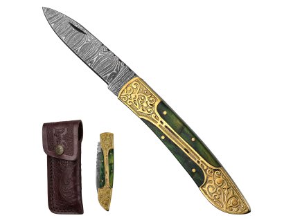 Zavírací damaškový nůž "EMERALD EMPEROR" s koženým pouzdrem