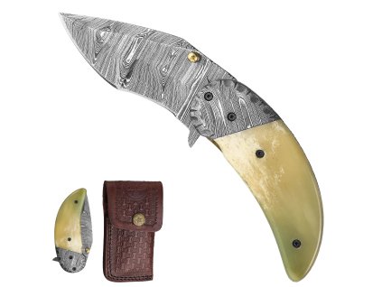 Zavírací damaškový nůž "BONE HUNTER" s koženým pouzdrem