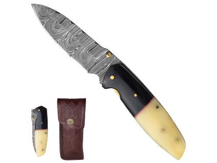 Zavírací damaškový nůž "BONEHORN" s koženým pouzdrem
