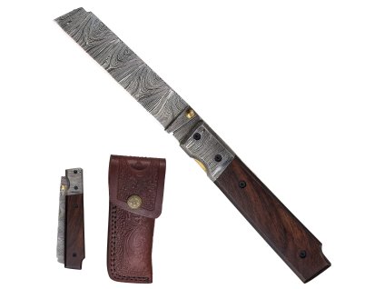 Zavírací damaškový nůž "ROSEWOOD EDGE" s koženým pouzdrem