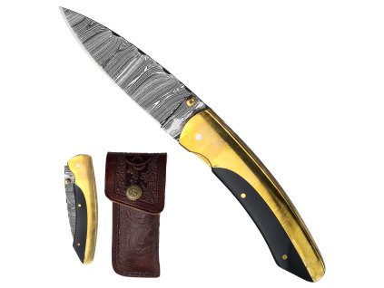 Zavírací damaškový nůž "ROYAL DAMASCUS" s koženým pouzdrem