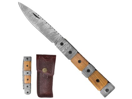 Zavírací damaškový nůž s unikátní segmentovou rukojetí z olivového dřeva a překládané oceli. Ruční zpracování, čepel z překládané oceli, kožené pouzdro s poutkem.