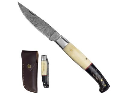 Zavírací damaškový nůž "BONE TRAPPER" s koženým pouzdrem