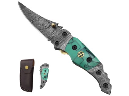 Zavírací damaškový nůž "JADE REAVER" s koženým pouzdrem