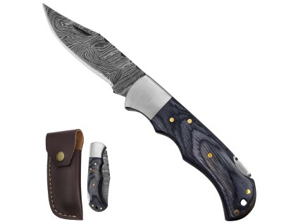 Zavírací damaškový nůž "NIGHTWOOD" s koženým pouzdrem