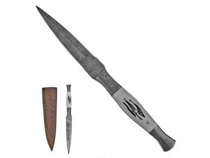 Tenký damaškový nůž "TOOTHPICK" s koženým pouzdrem