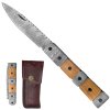 Zavírací damaškový nůž s unikátní segmentovou rukojetí z olivového dřeva a překládané oceli. Ruční zpracování, čepel z překládané oceli, kožené pouzdro s poutkem.