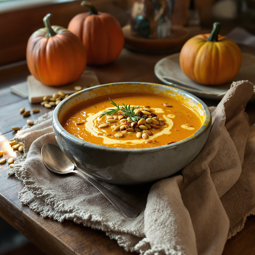 Dýňová polévka s vůní pečeného česneku a tymiánu – podzimní klasika v moderním podání