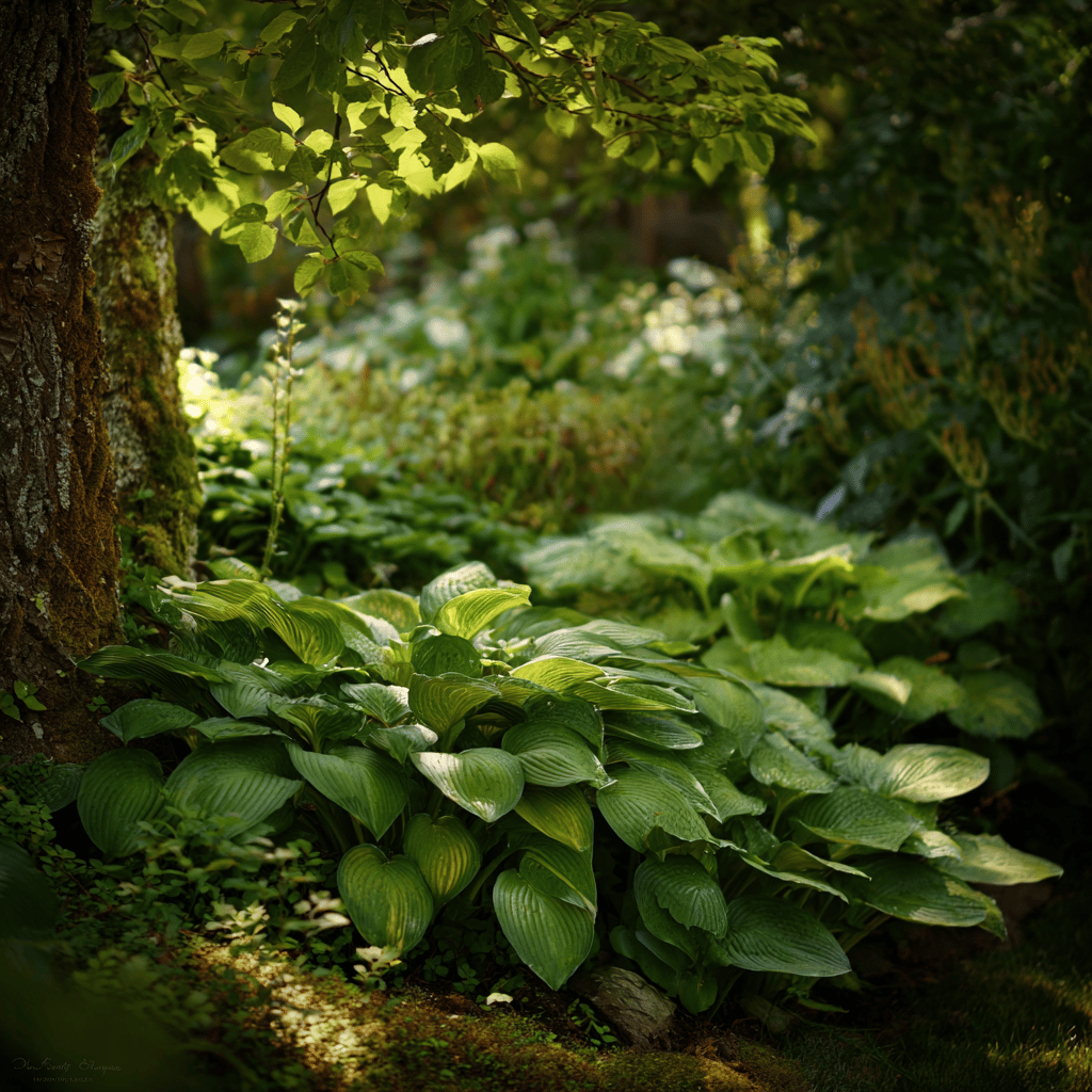 Hosty v zahradní kompozici – kontrast listů a struktur