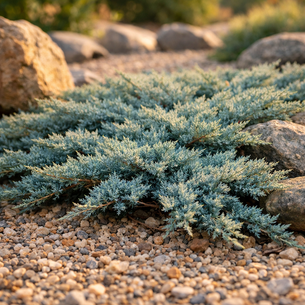 Jalovec polehlý ‘Blue Chip’ (Juniperus horizontalis ‘Blue Chip’) – nízký plazivý jalovec s modrostříbrnými jehlicemi
