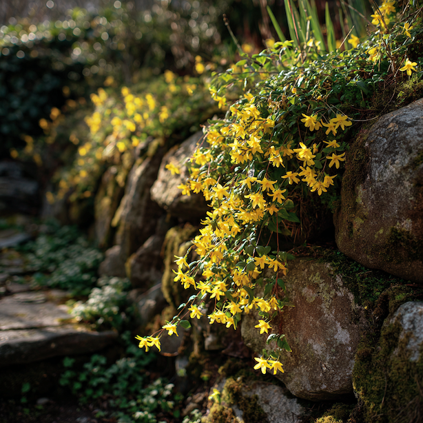 Jasmín nahokvětý (Jasminum nudiflorum) – využití u zdí, svahů a pergol