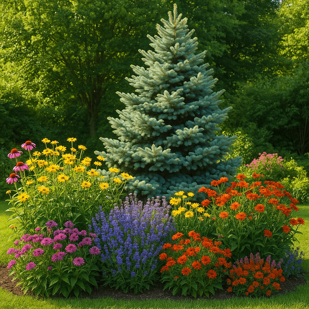 Kombinace jehličnanů s trvalkami a keři – výška, barva, struktura