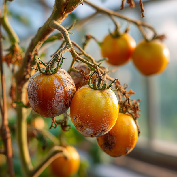 Plíseň šedá na rajčatech – vodnaté skvrny, šedý povlak a zasychání stonků