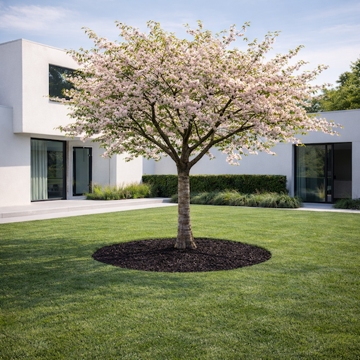 Okrasná třešeň (Prunus) v zahradní kompozici – solitéra, skupiny a kombinace