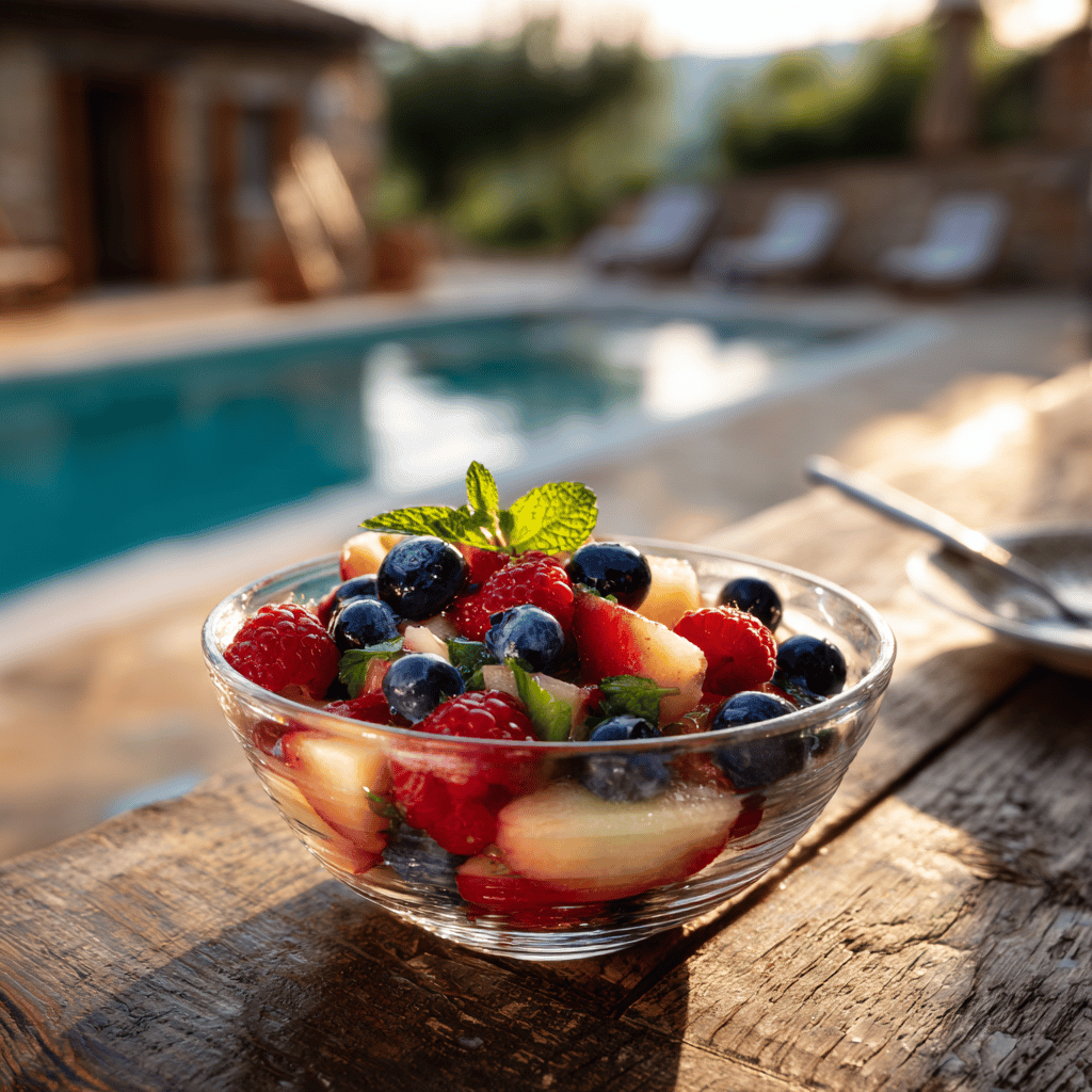 Osvěžující ovocný salát na horký čtvrtek – borůvky, maliny, broskve a meruňky přímo ze zahrady