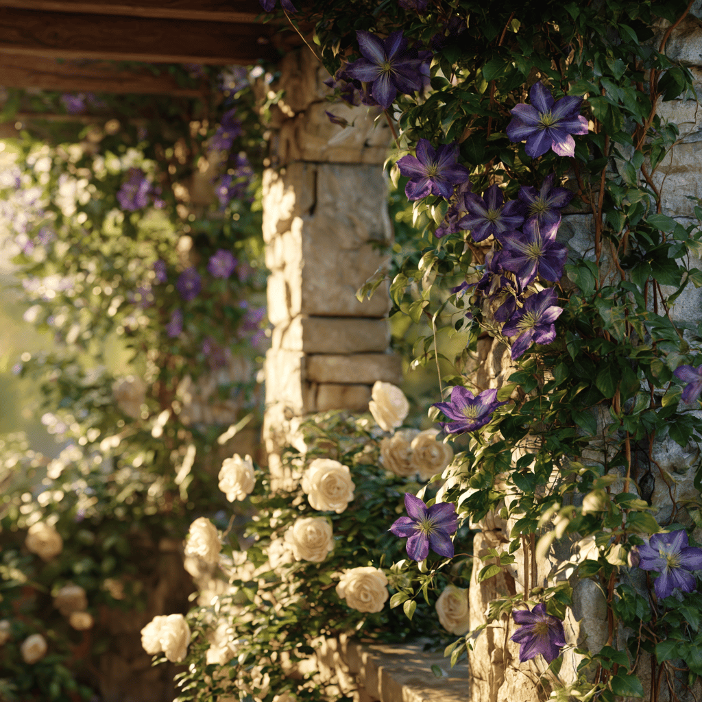 Plamének (Clematis) v zahradní architektuře – pergoly, treláže a kombinace s růžemi