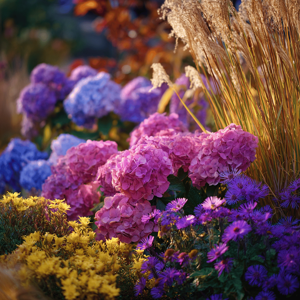 Podzimní zahrada plná barev – jak kombinovat hortenzie, trvalky a okrasné trávy.