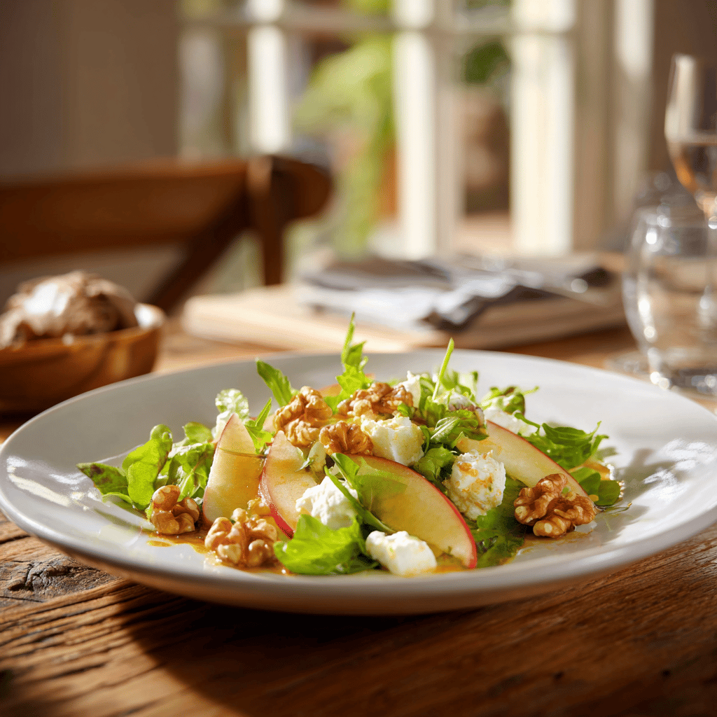 Salát s jablky, kozím sýrem a vlašskými ořechy