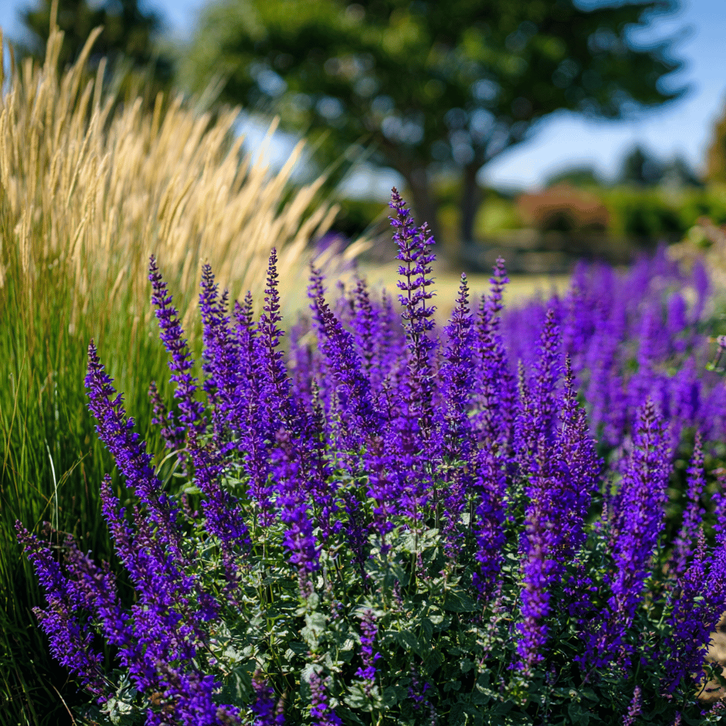 Šalvěj v kombinaci s trvalkami a travami – barvy a kontrasty v letní zahradě