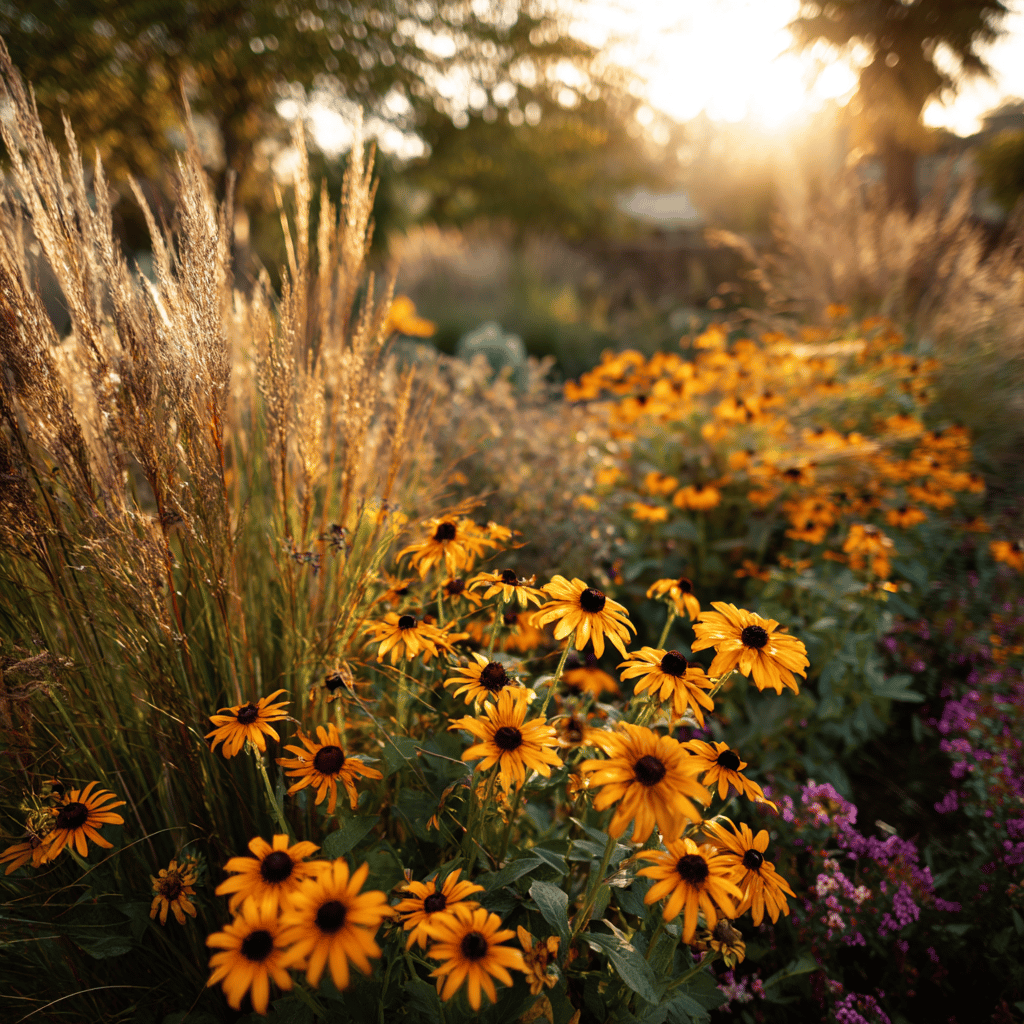 Kombinace třapatek s jinými trvalkami a trávami – barva a struktura v zahradě