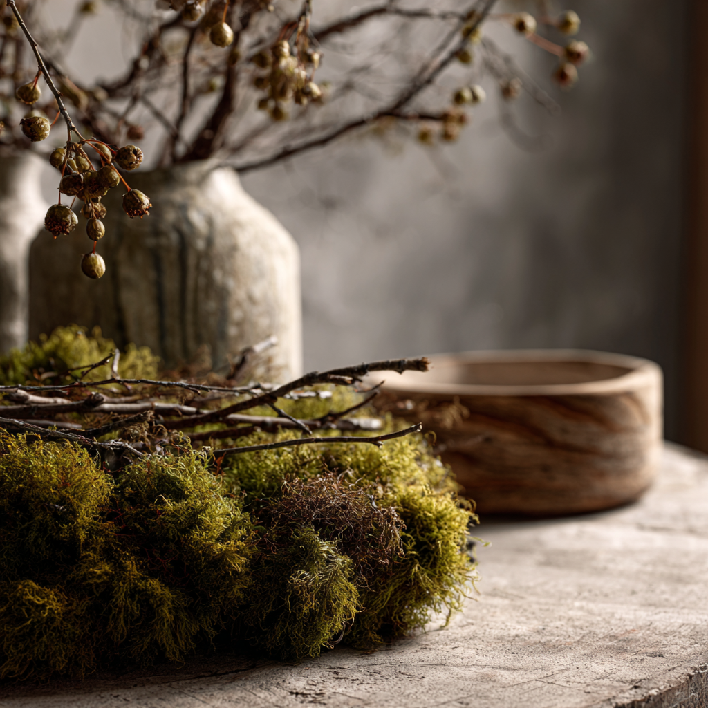 Jednoduchá zimní dekorace z přírodnin: čisté a tiché kombinace větviček, šípků a mechu