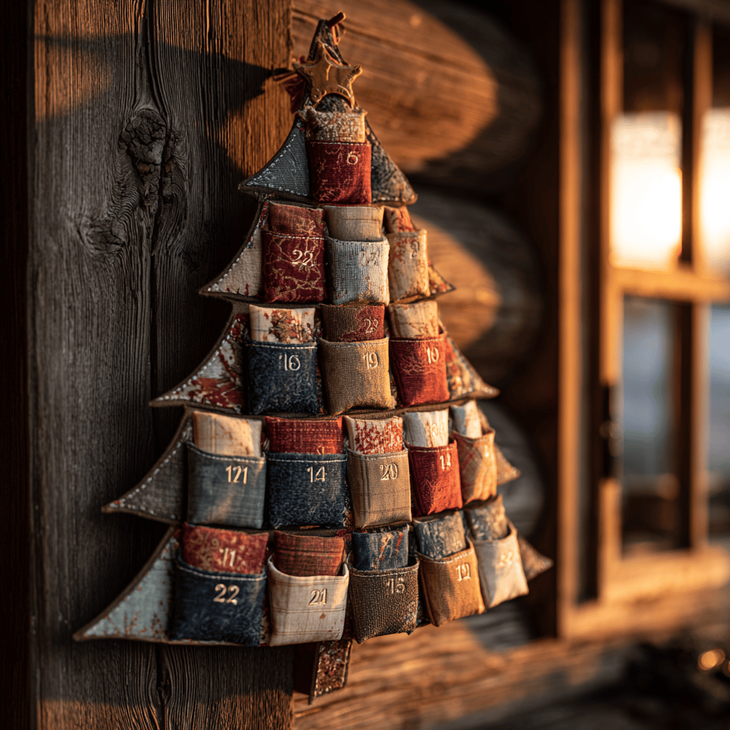 adventni-kalendar-textilni-stromek-na-drevene-stene-horsky-srub-vanocni-dekorace