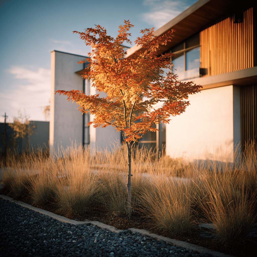 ambron-liquidambar-mlady-strom-v-predzahradce-s-travami-a-modernim-domem