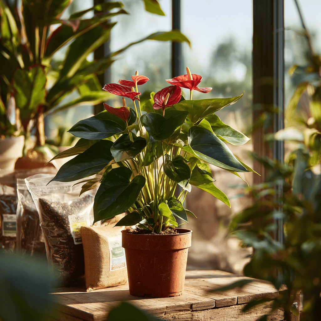 anthurie-cervena-v-kvetinaci-na-stole-mezi-substraty-ve-svetlem-skleniku