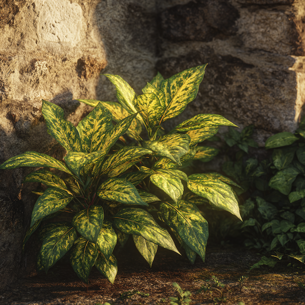 aucuba-japonica-panasovane-listy-u-kamenne-zdi-ve-stinu