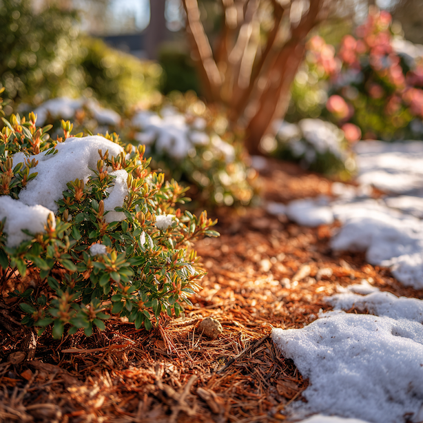 azalka-v-zime-chranena-mulcem-a-snehem-proti-mrazu-a-vysuseni