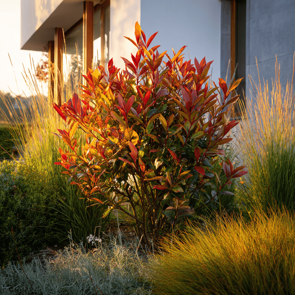 blyskavka--photinia--solitera-v-moderni-zahrade-s-travinami