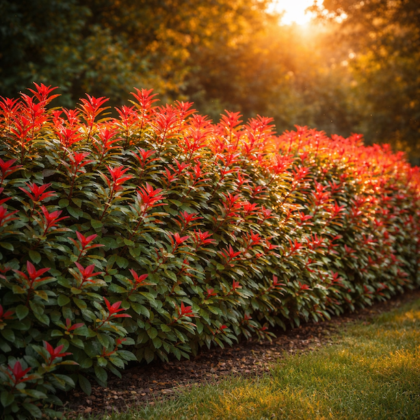 blyskavka-red-robin-photinia-fraseri-husty-zivy-plot-s-cervenymi-vyhonky-ve-zlatem-podvecernim-svetle