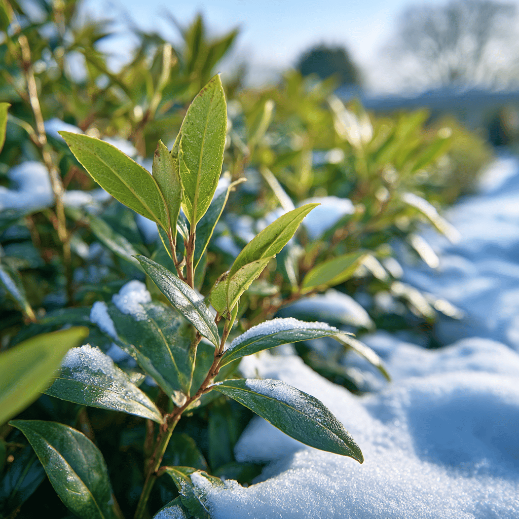 bobkovisen-prunus-laurocerasus-v-zimni-zahrade-ker-se-snehem-na-lesklych-listech