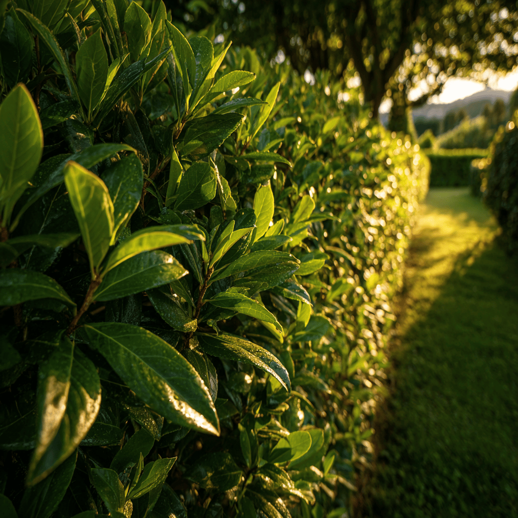bobkovisen-prunus-laurocerasus-zivy-plot-v-zahrade-osvetleny-vecernim-svetlem