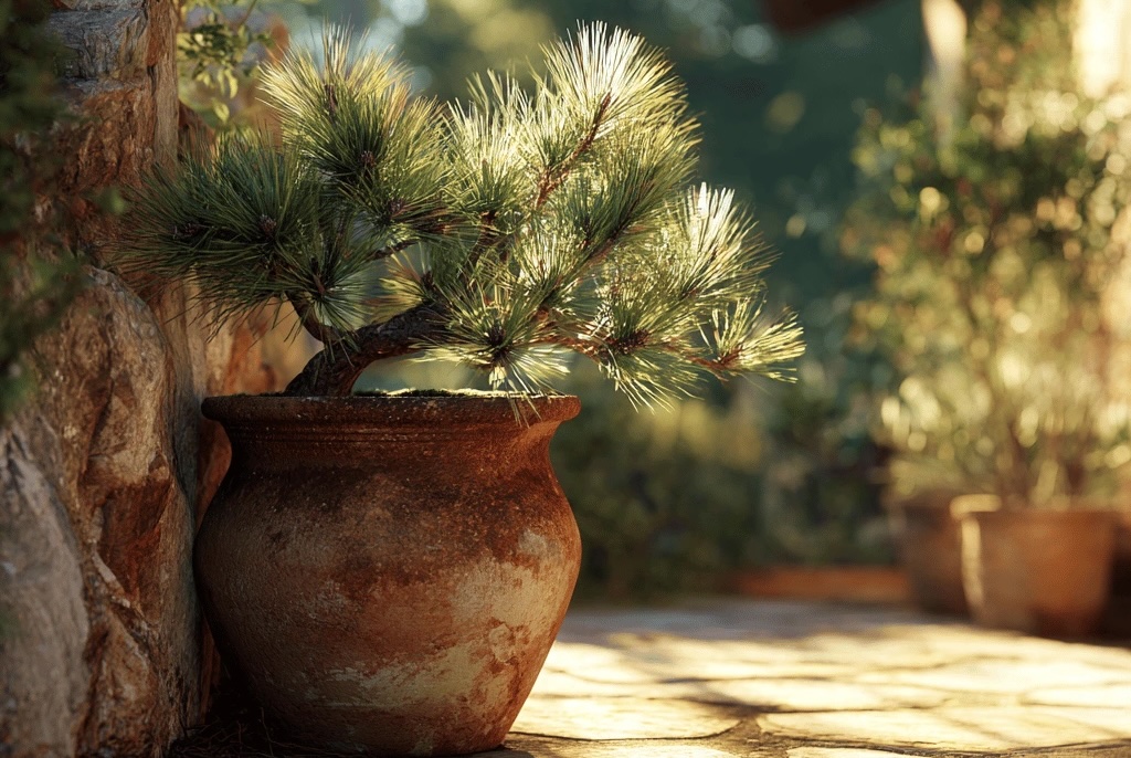 borovice-v-kvetinaci-terasa-prirodni-nadoba-pinusklec-dekorace