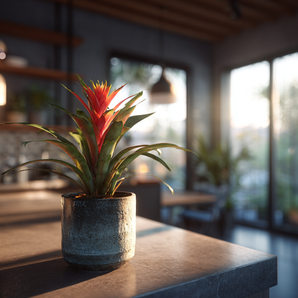 bromelie-guzmania-v-keramickem-kvetinaci-na-kuchynske-lince-ve-svetlem-interieru