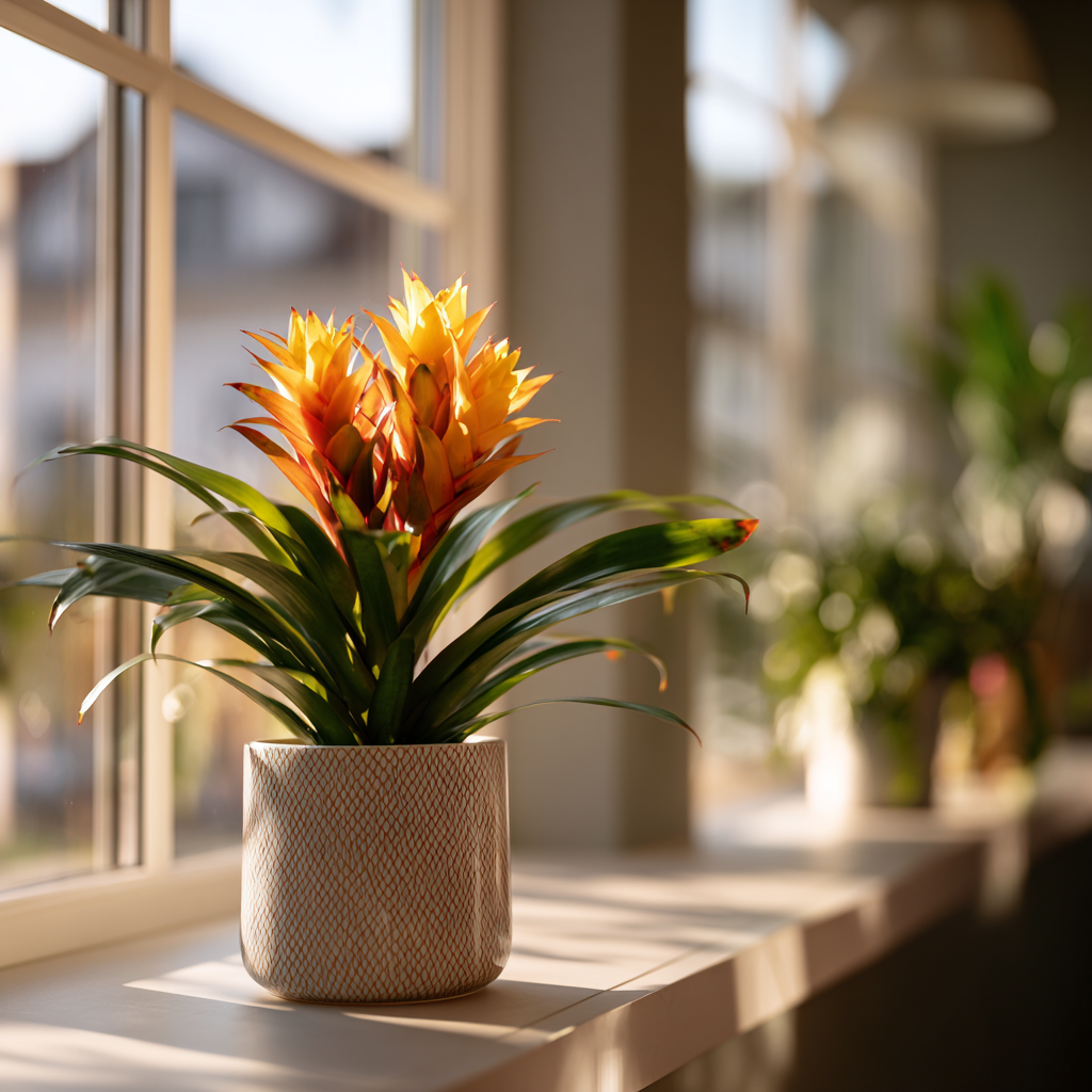 bromelie-guzmania-v-keramickem-kvetinaci-na-parapetu-ve-slunecnim-interieru