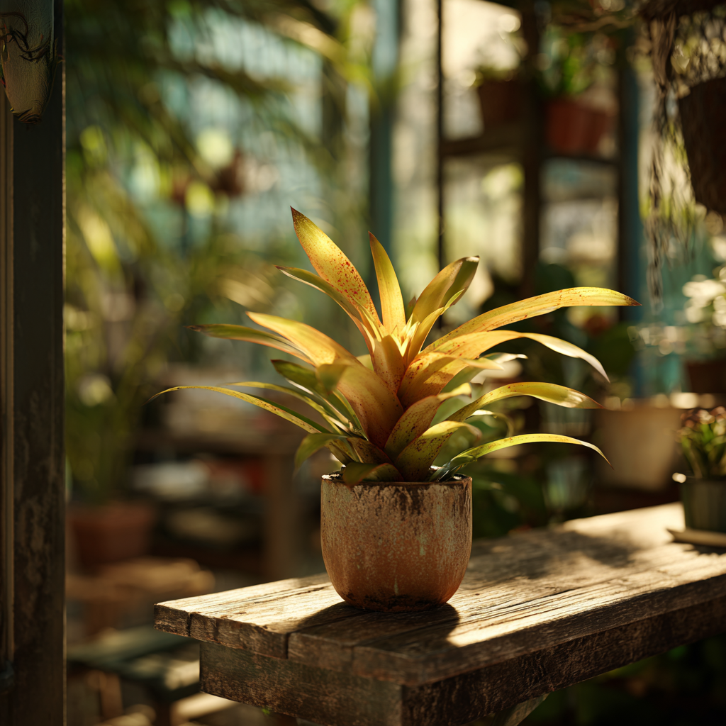 bromelie-poskozene-listy-se-skvrnami-v-keramickem-kvetinaci-ve-skleniku