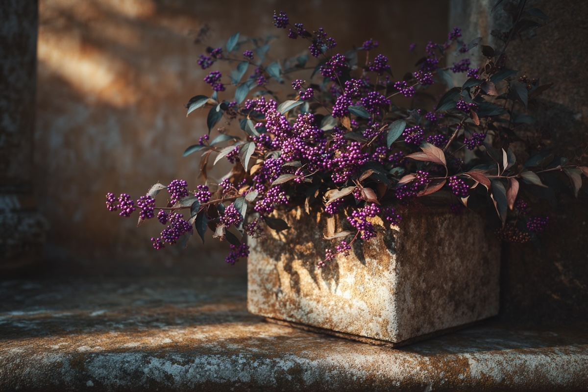 callicarpa-bodinieri-v-nadobe-na-kamennem-schodisti-huste-fialove-bobule-na-vetvich-prirozene-svetlo