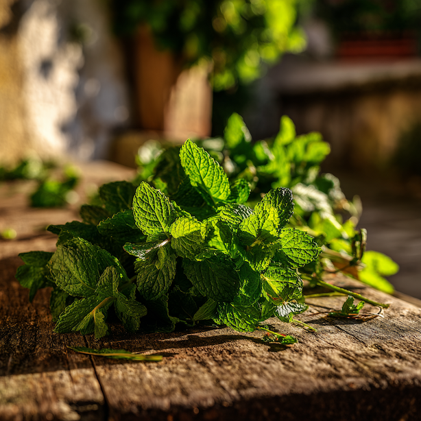 cerstva-mata-na-drevenem-stole-ve-slunecni-zahrade-detail-listu