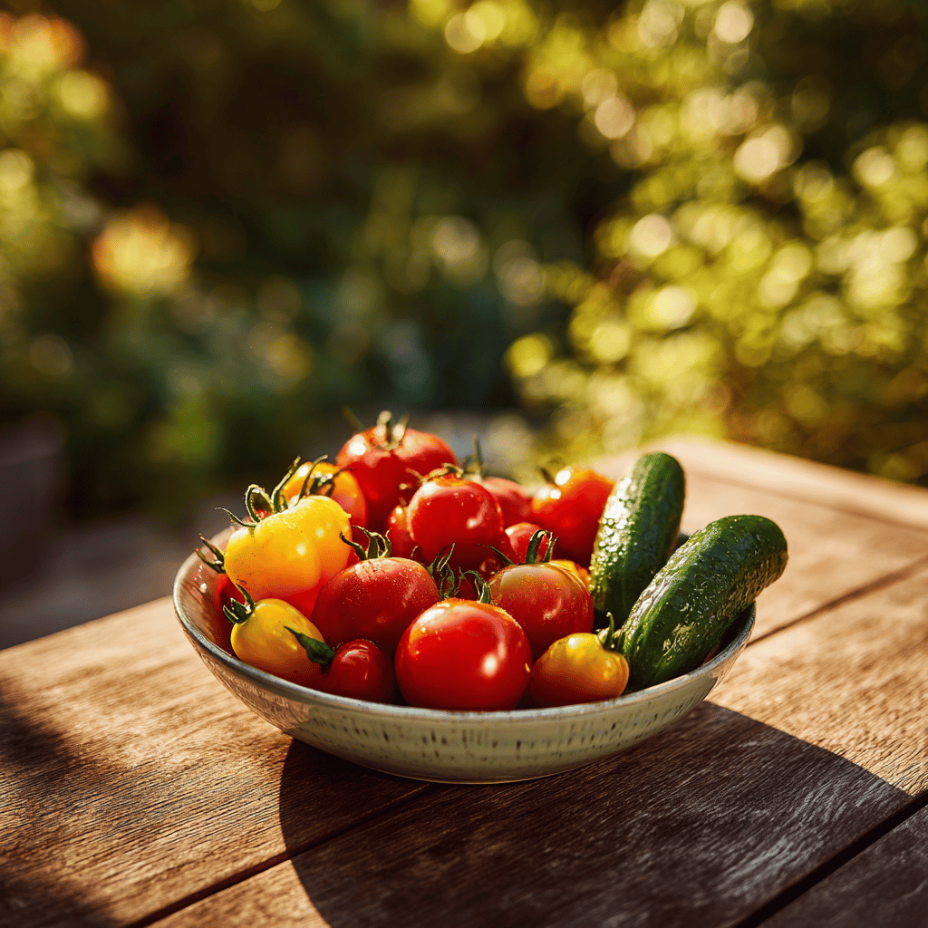 cerstve-rajcata-a-okurky-v-misce-na-drevenem-stole-v-zahrade