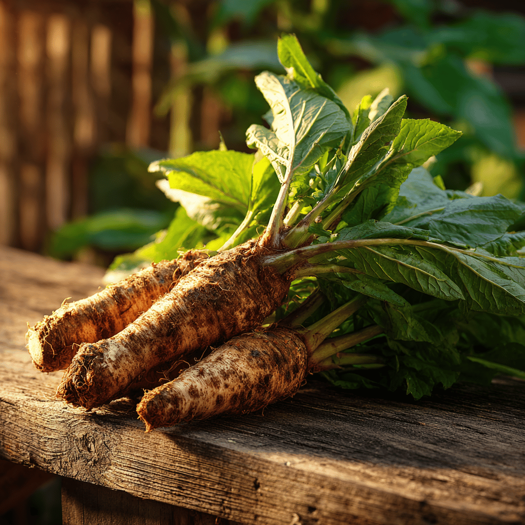 cerstve-vykopane-koreny-krenu-s-listy-na-drevenem-stole-ve-slunecnim-svete