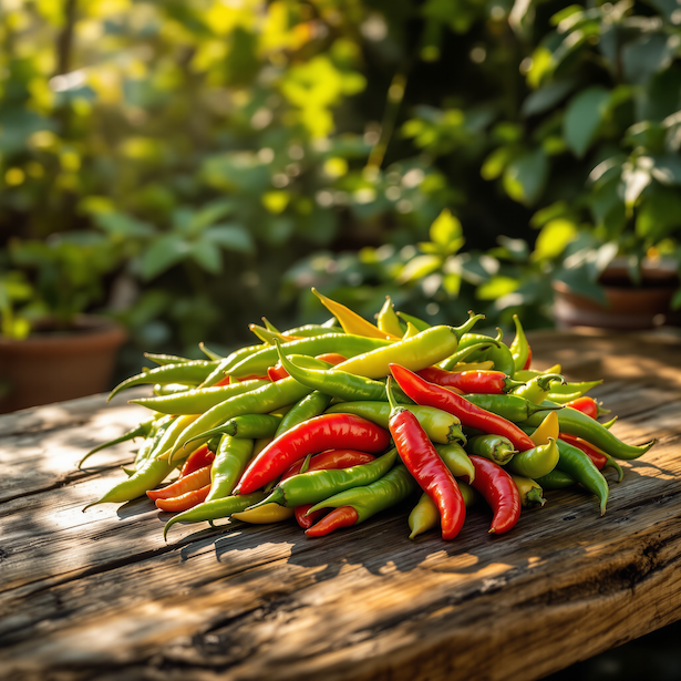 cervene-a-zelene-berani-rohy-na-drevenem-stole-ve-slunecni-zahrade