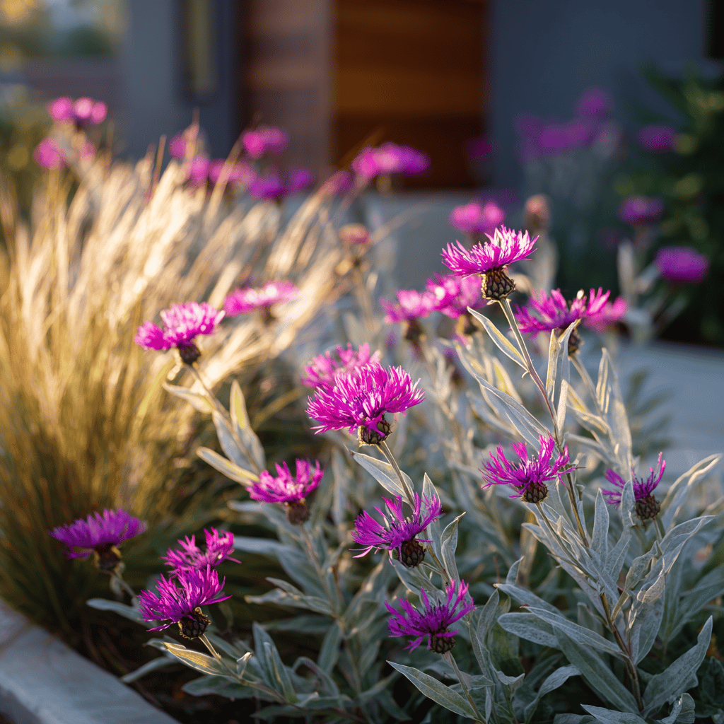 chrpa-belava-centaurea-dealbata-ruzove-kvety-stribrite-listy-v-zahonu