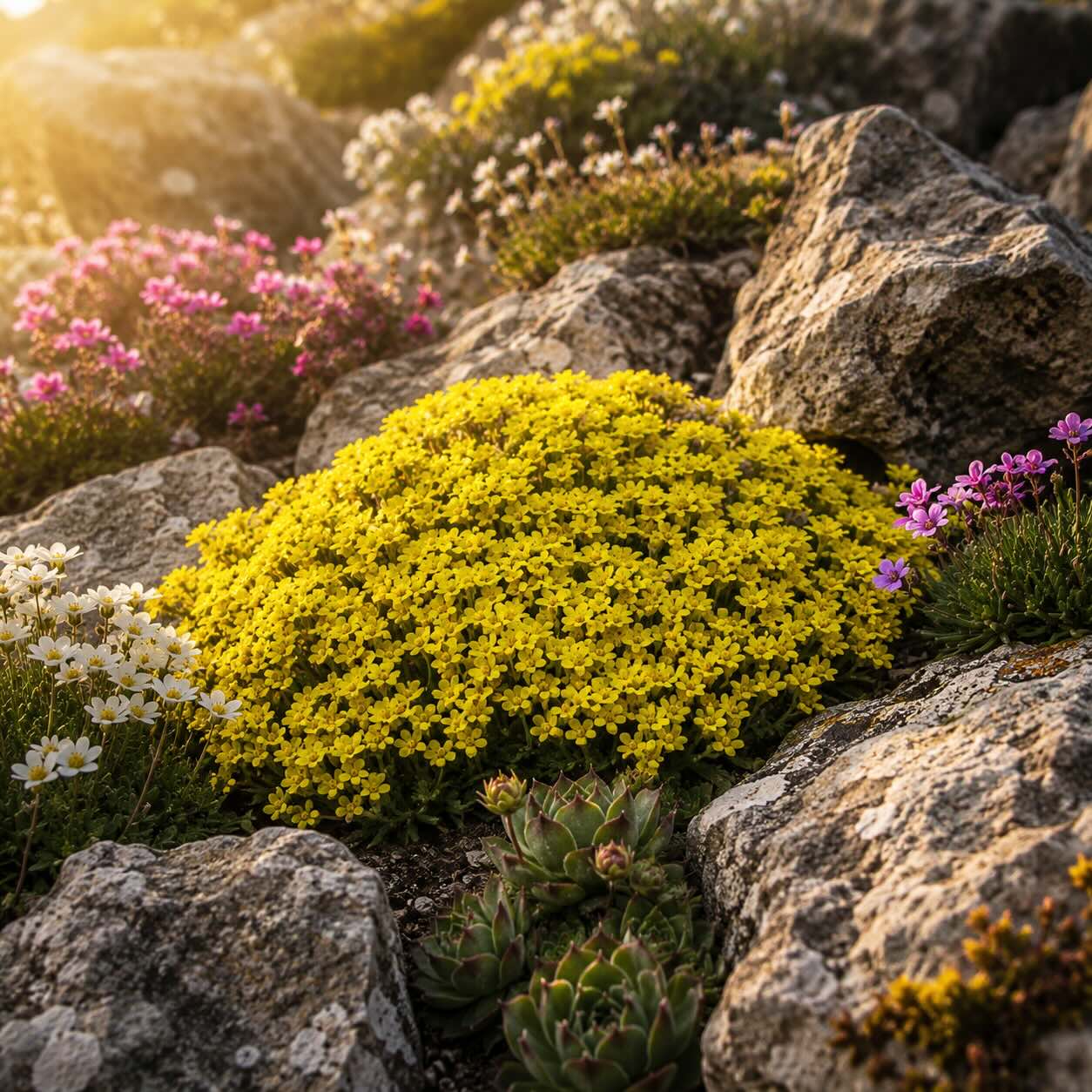 chudina-draba-aizoides-ve-vapencove-skalce-se-sempervivy-lomikameny-a-tařickou