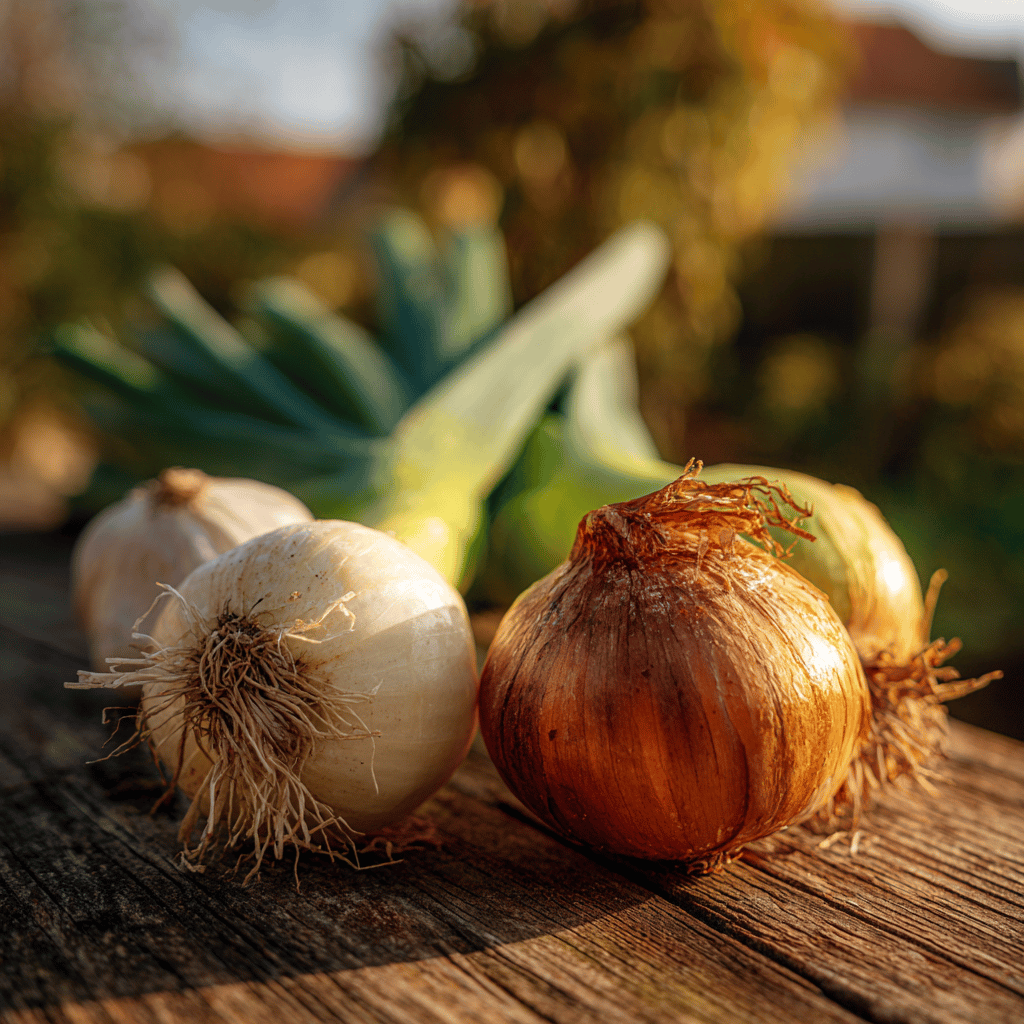cibule-a-porek-na-drevenem-stole-ve-slunecnim-svetle-detail