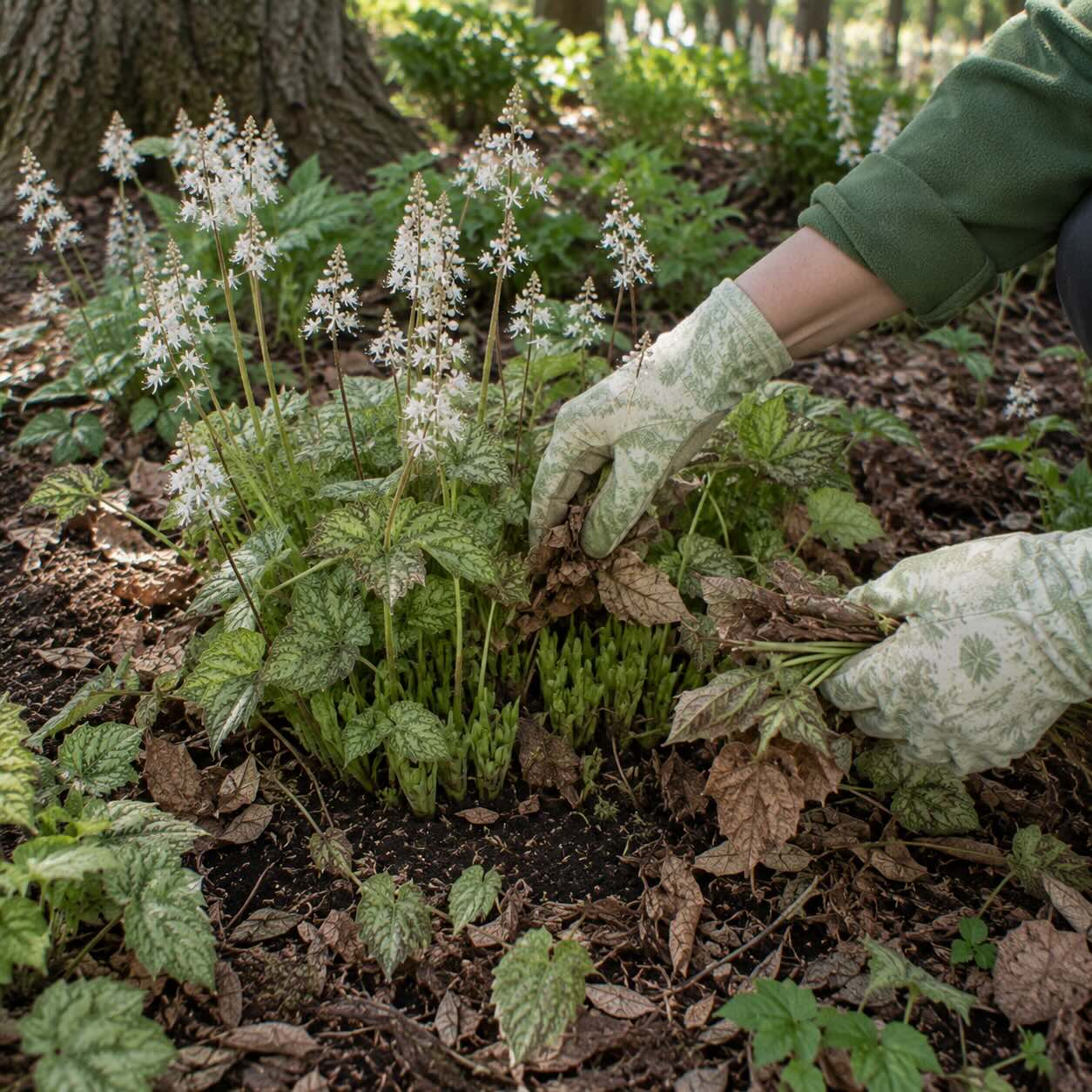 cisteni-mitrovnicky-tiarella-odstranovani-starych-listu-a-jarni-udrzba-trsu
